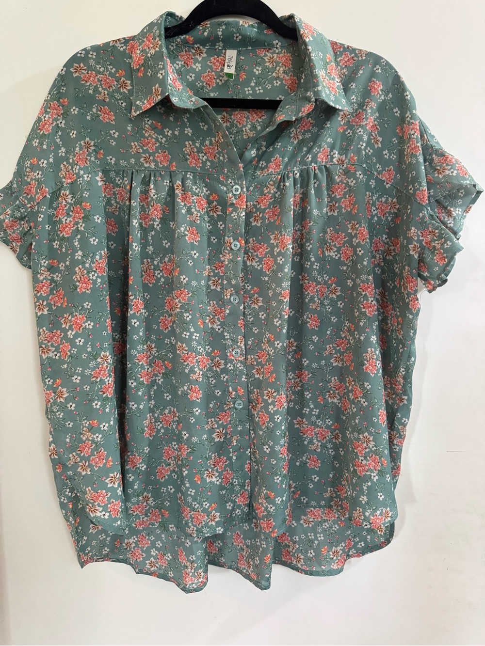 Relaxed Floral Button-Down Shirt in Teal Green